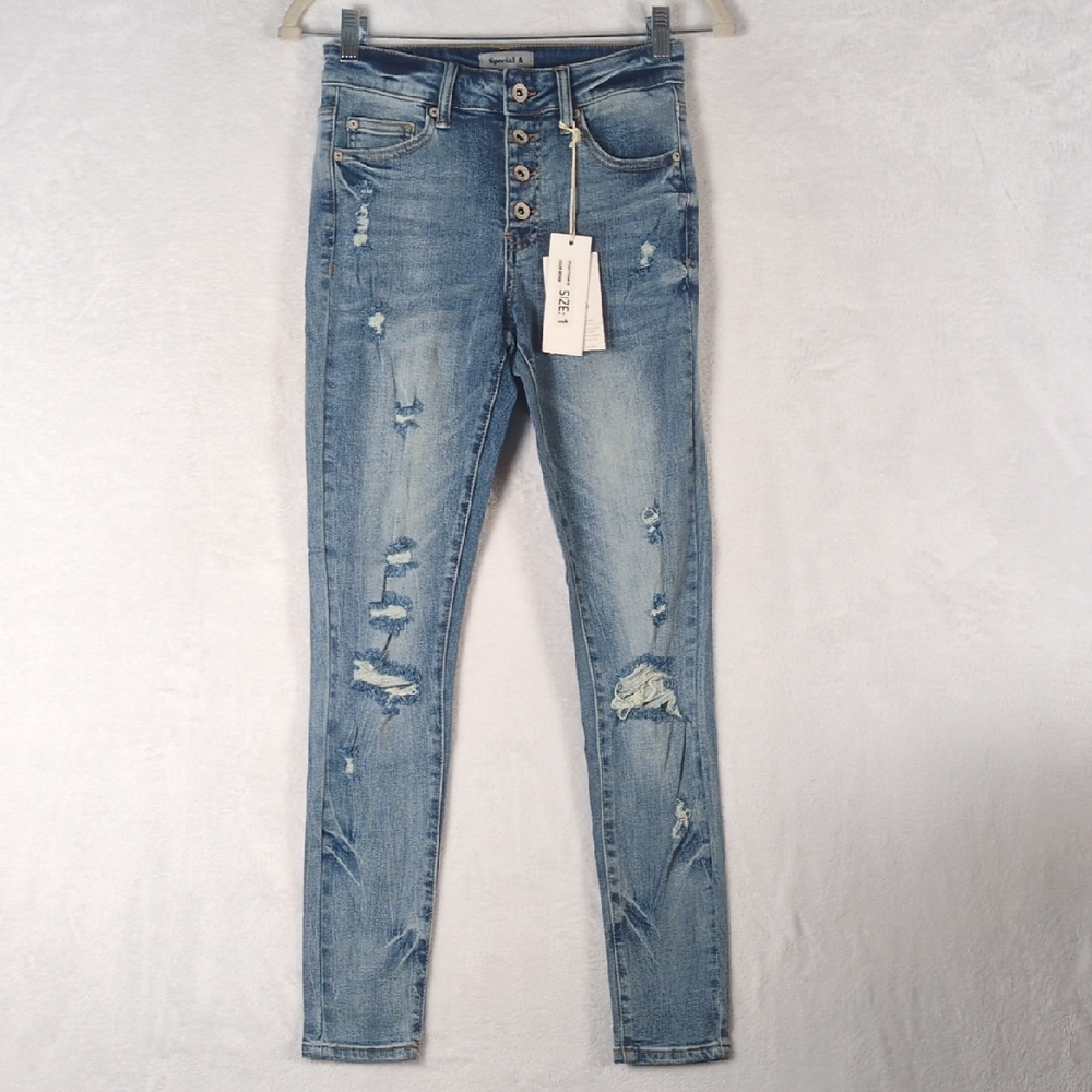 Special A Junior's Distressed Mid Rise Button Fly Skinny Jeans‎ Size 1